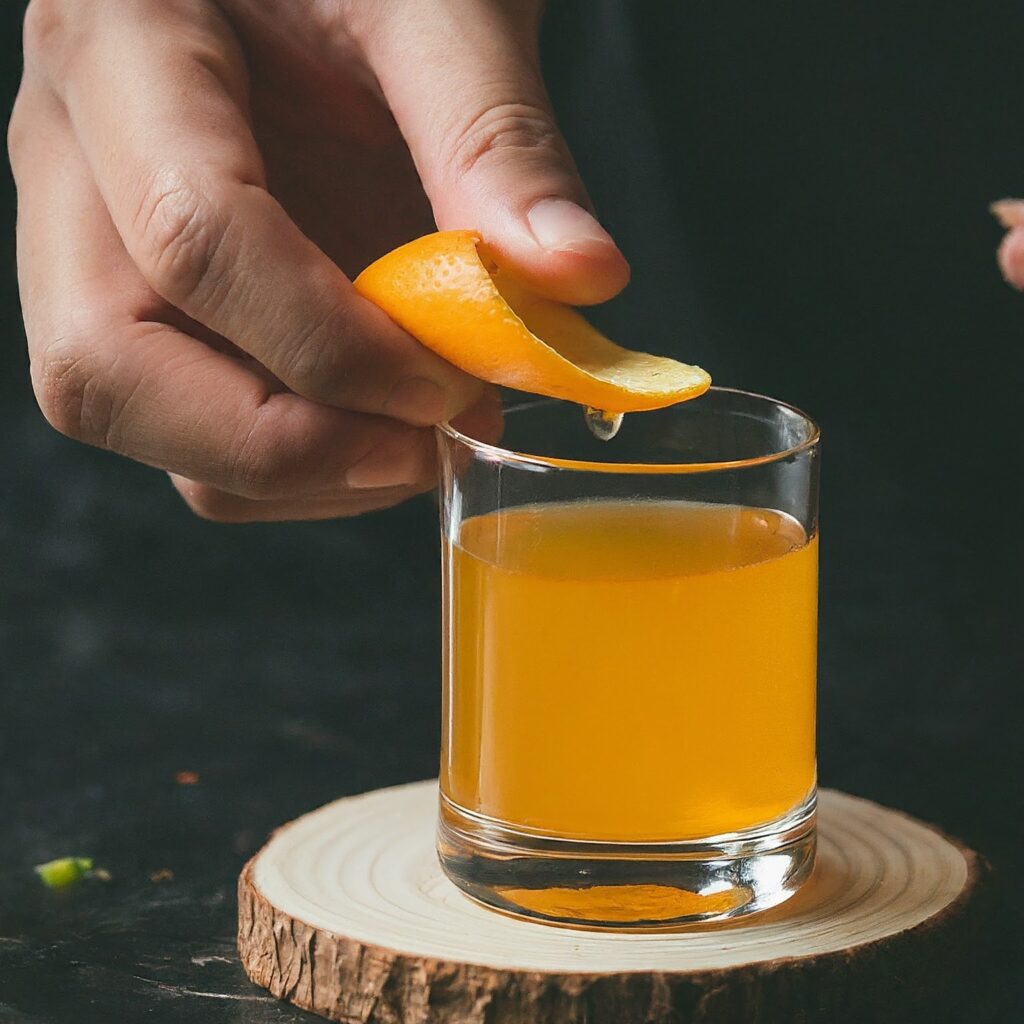 dropping orange peel juice in the cocktail 