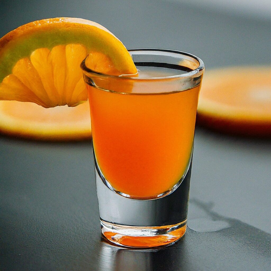 Orange tea shot with an orange slice on the rim 