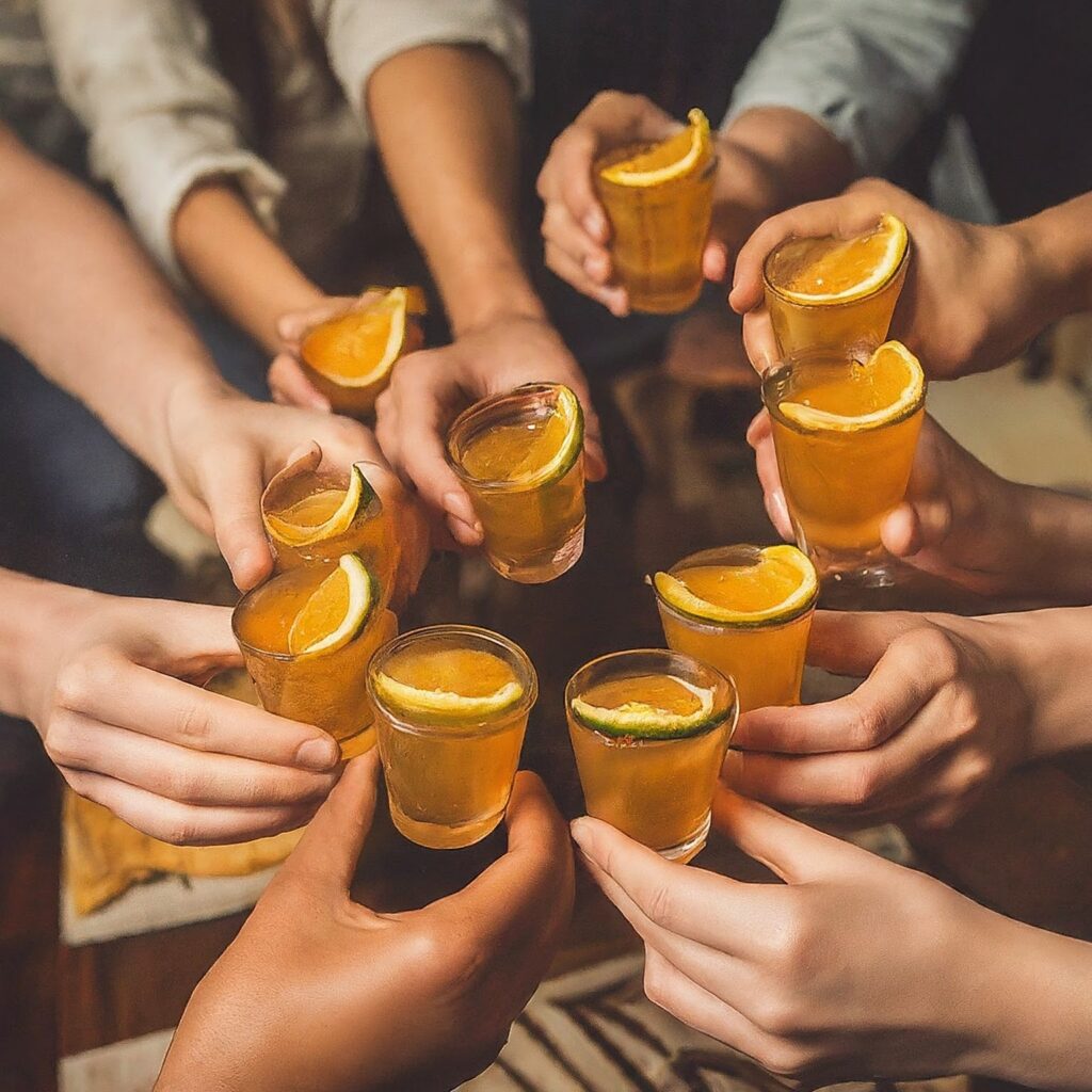 Friends enjoying jameson orange tea shot